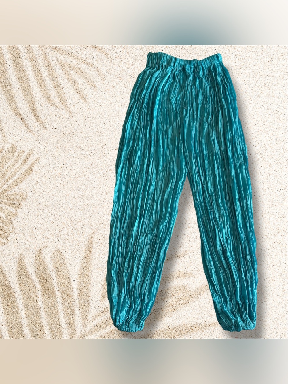 🛍️SALE🛍️ Women’s Boho Turquoise Wide-Leg Crinkle Pants Palazzo Harem Pants - Picture 3 of 4